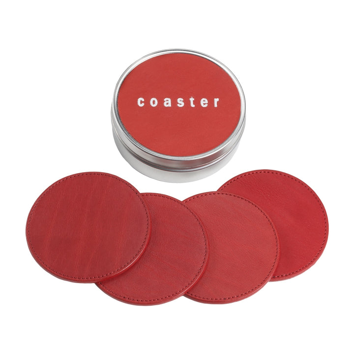 4 Coasters with Tin Box | Red Traditional Leather – Graphic Image