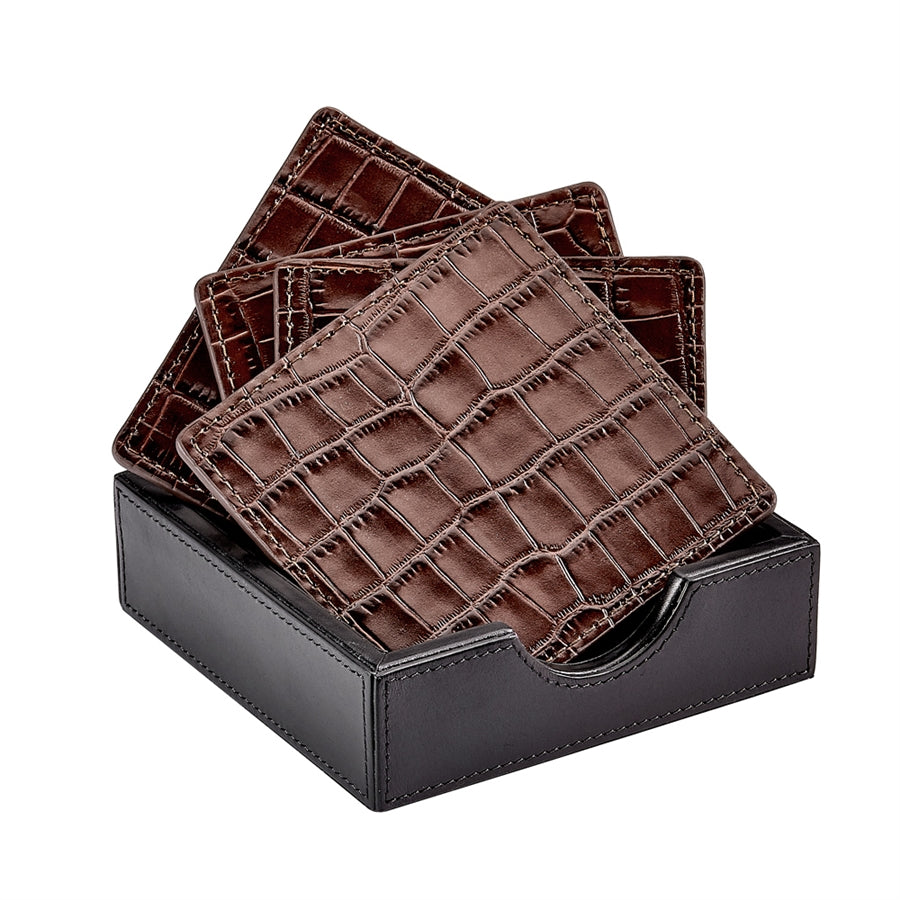 Square Coaster Set Brown Crocodile Embossed Leather Graphic Image