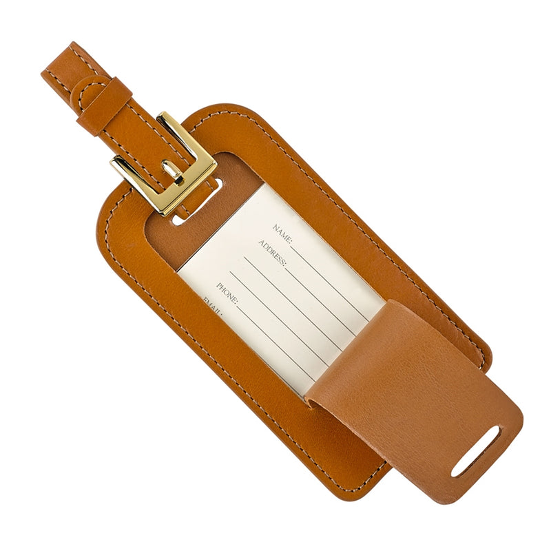 British Tan leather luggage tag with gold imprint & buckles (PRINCESS) style